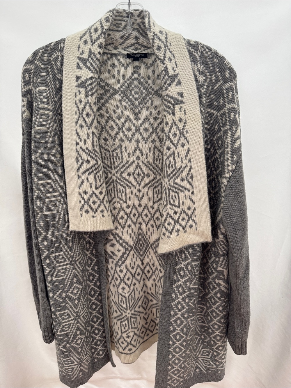 Talbots Gray & Cream Fair Isle Open Cardigan Sweater Size XLp
